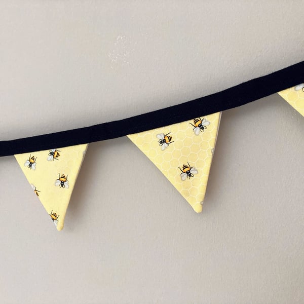 Bees on yellow honeycomb cotton fabric mini bunting. Wall hanging. Window decora