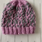 Patterned baby beanie hat in grey and heather