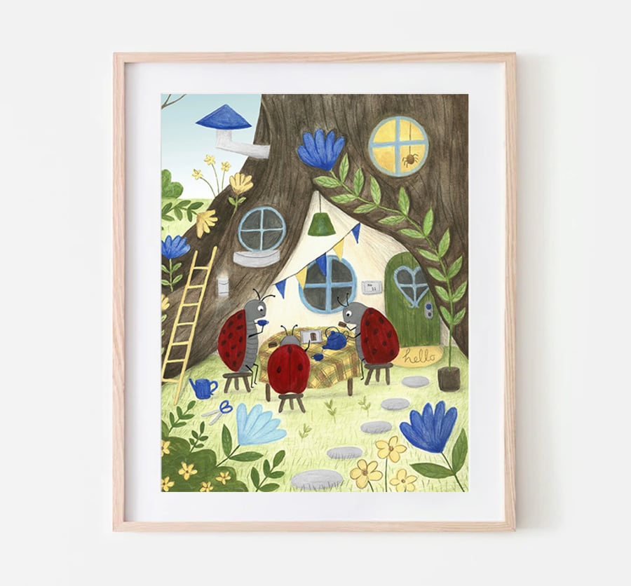 Ladybird tea Party - Tea lover - Summer - children illustration - A4 art print