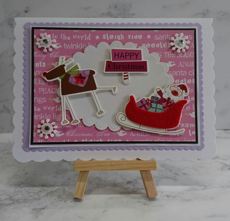Handmade Christmas Card Glitter Santa Reindeer Sleigh and Snowflakes