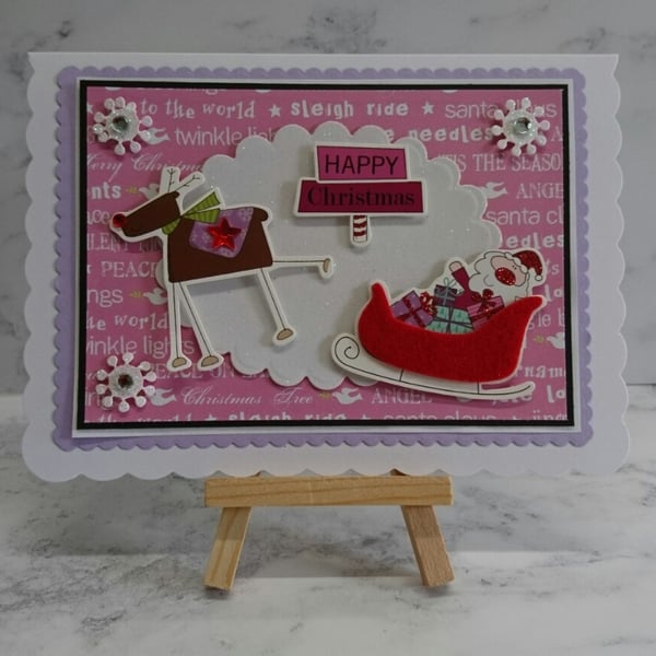 Handmade Christmas Card Glitter Santa Reindeer Sleigh and Snowflakes