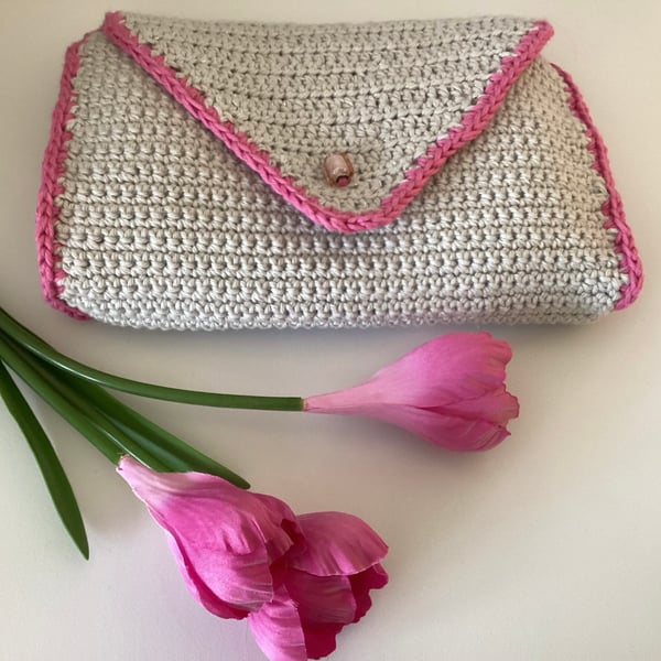 Crocheted Rowan Cotton with Silver thread Handmade Clutch Bag 