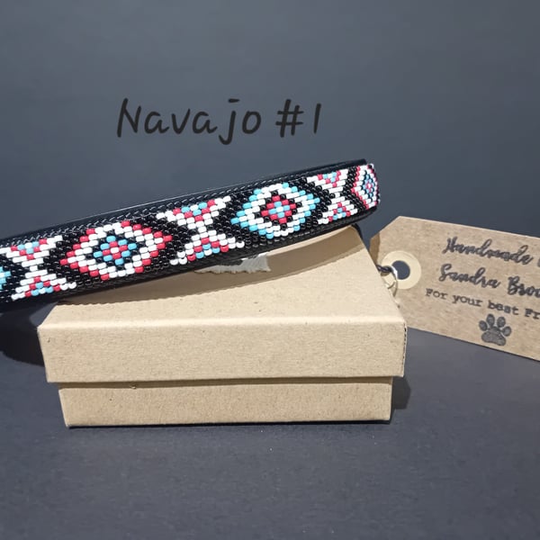 Bespoke Handmade Hand Beaded Leather Unique 14-17" Dog Collar. Navajo (1) Design