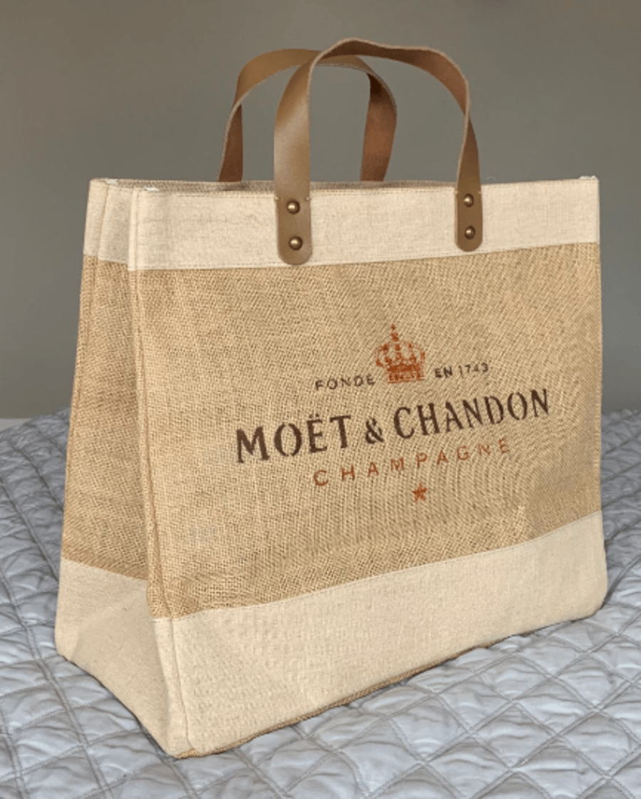 Luxury Jute bag with leather handles - Designer inspired - hand painted
