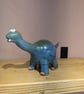 Ceramic blue and green diplodocus, dinosaur ornament 