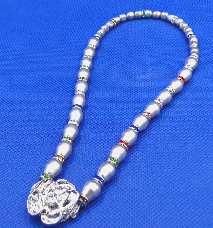 Silver glass pearl and coloured crystal necklace with silver rose clasp party