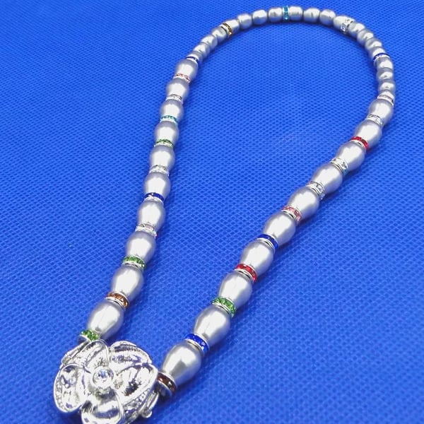 Silver glass pearl and coloured crystal necklace with silver rose clasp party