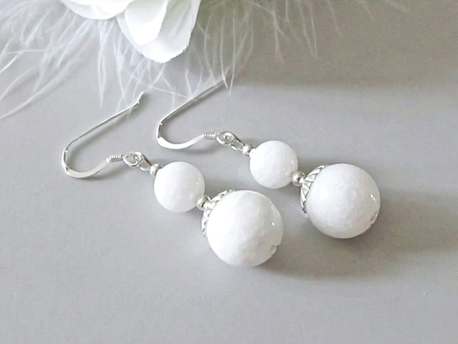 Pure White Agate Chunky Earrings With Sterling Silver - December Birthstone