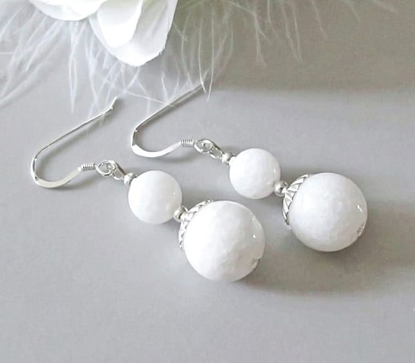 Pure White Agate Chunky Earrings With Sterling Silver - December Birthstone
