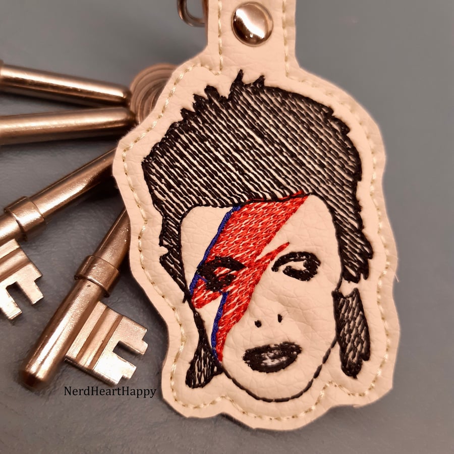 David Bowie Embroidered Keyring, Ziggy Stardust Keyfob, 70s 80s Musician
