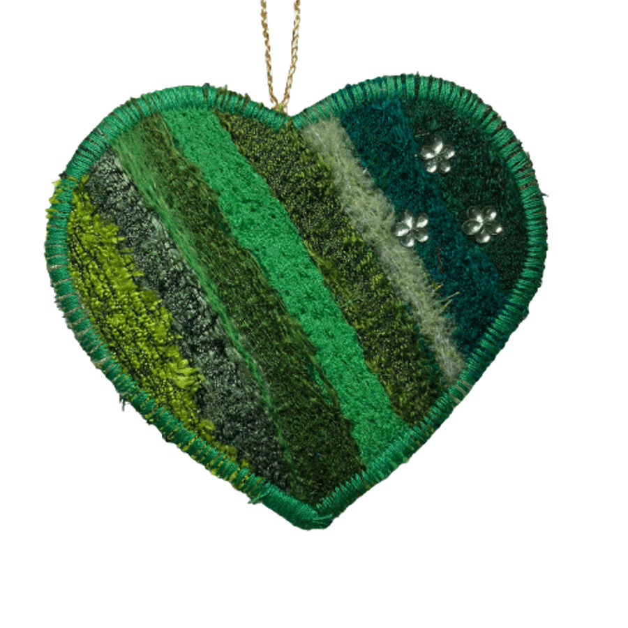 Needle felted silk fabric hanging heart (green 1)