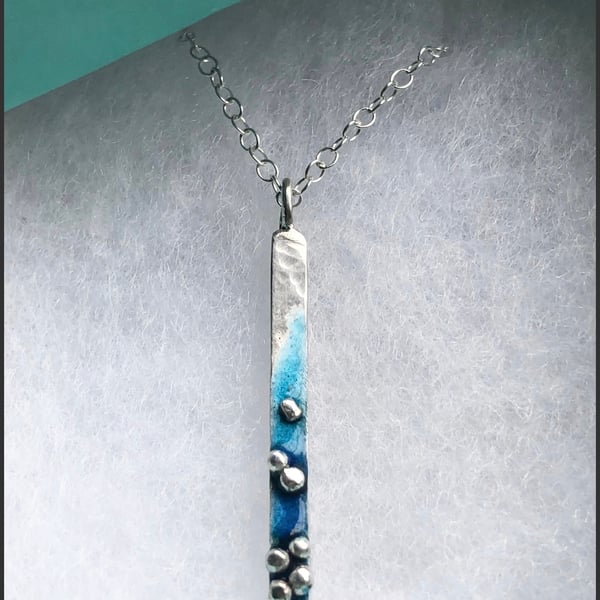 Enamel Pendant, blue enamel pendant, vertical silver pendant, enamel jewellery,