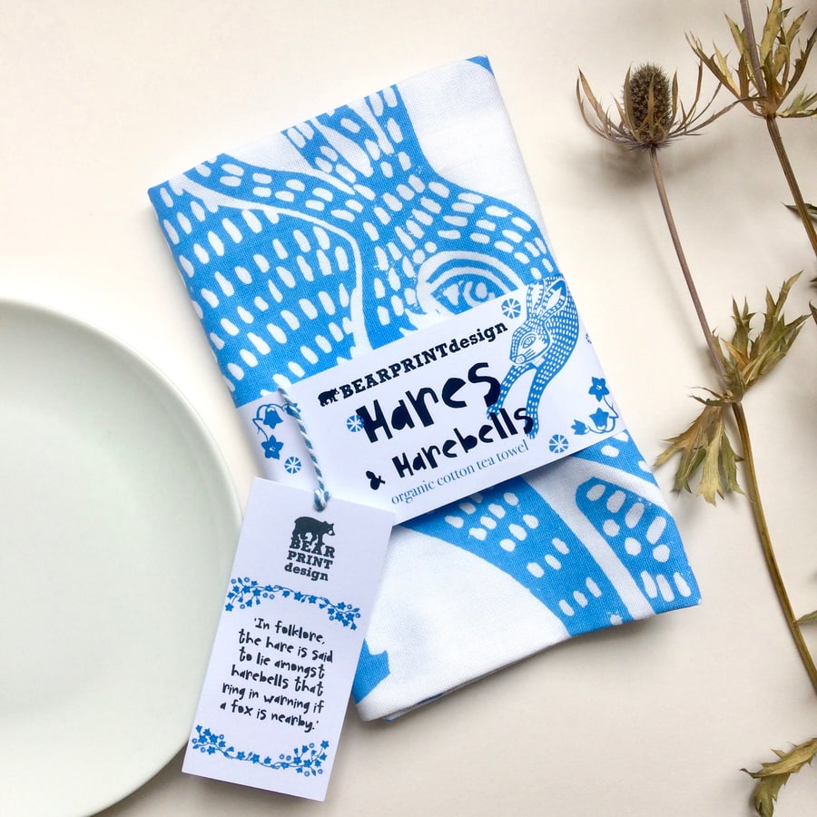'Hares and Harebells' Folklore Organic Cotton Tea Towel