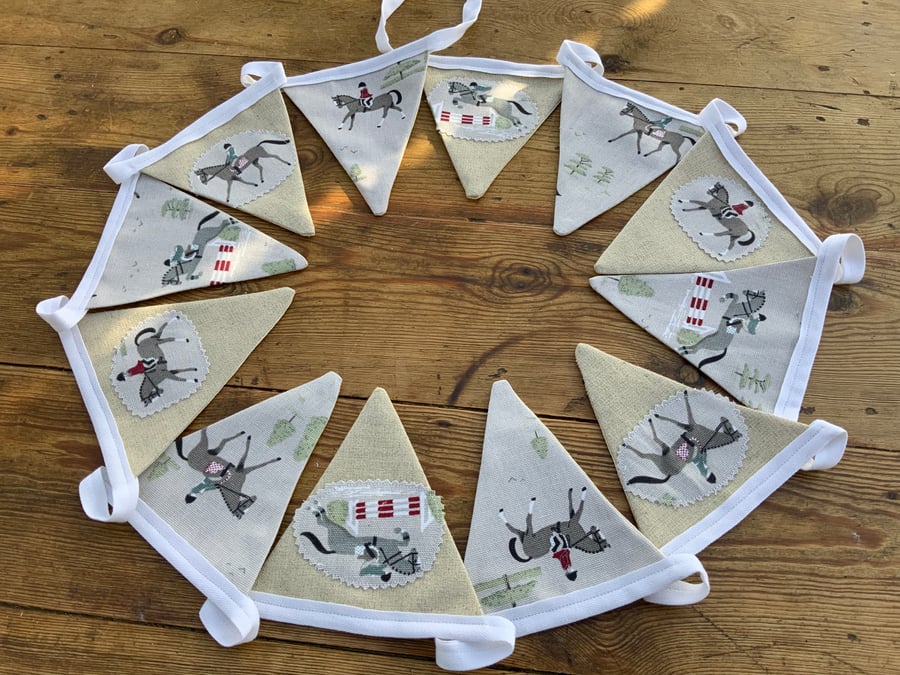 Bunting.Sophie Allport “Riders” Fabric and alternate appliqué oatmeal 12 Flags. 