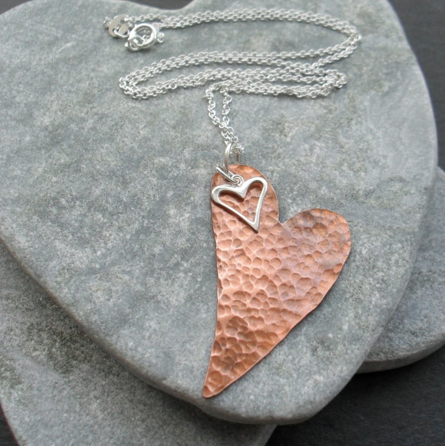 Copper Heart Pendant With Sterling Silver Heart Charm Vintage Style