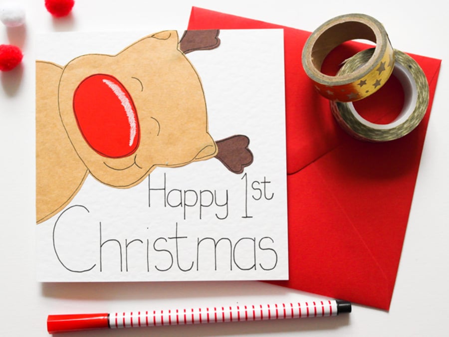 Baby's First Christmas Card, Happy 1st Christmas Card, Cute Reindeer 1st Xmas 