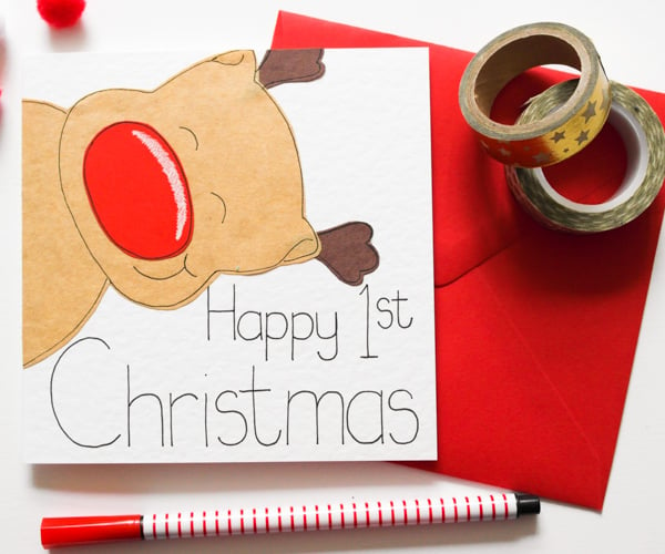 Baby's First Christmas Card, Happy 1st Christmas Card, Cute Reindeer 1st Xmas 
