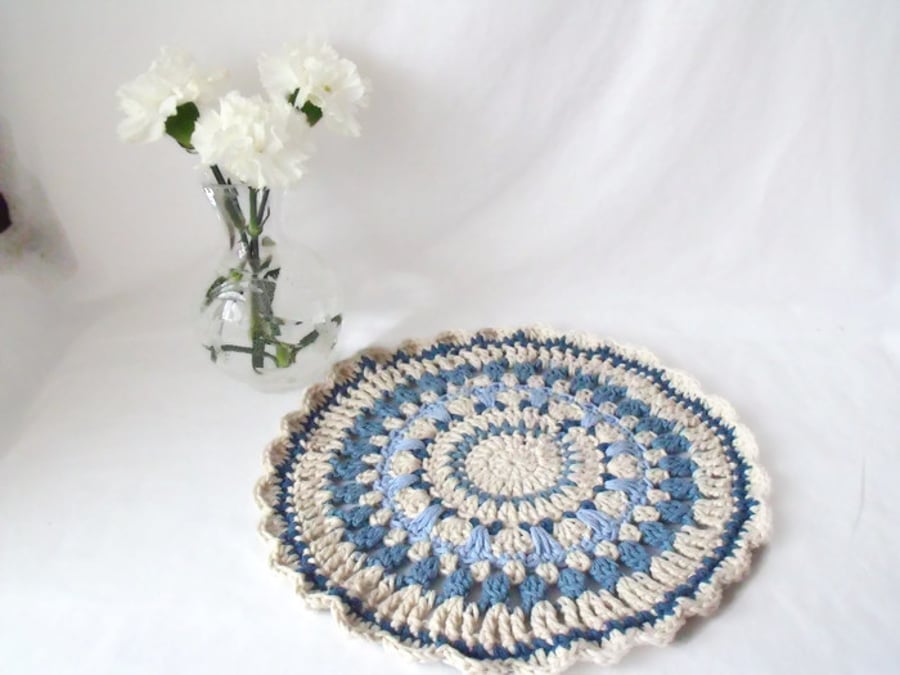 cream and blue crocheted cotton mandala, decorative doily home decor