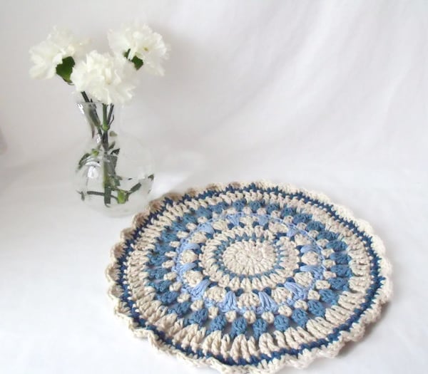cream and blue crocheted cotton mandala, decorative doily home decor