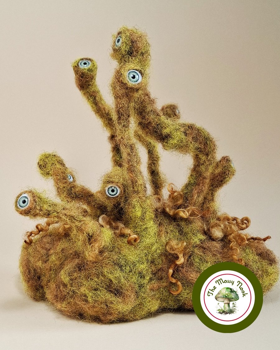 Needle Felted Moss Monster. Handcrafted Forest Guardian, Fantasy Sculpture.