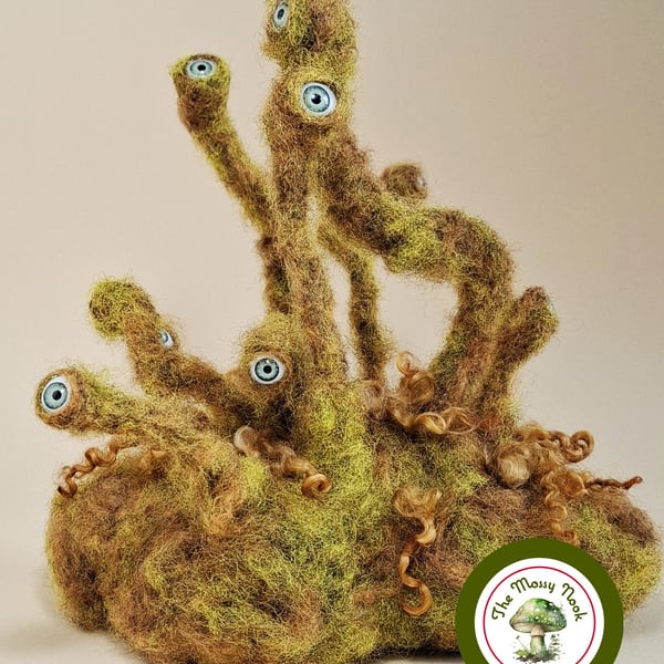 Needle Felted Moss Monster. Handcrafted Forest Guardian, Fantasy Sculpture.