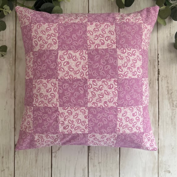 Square Small Cushion in a lilac & white paisley patchwork cotton fabric