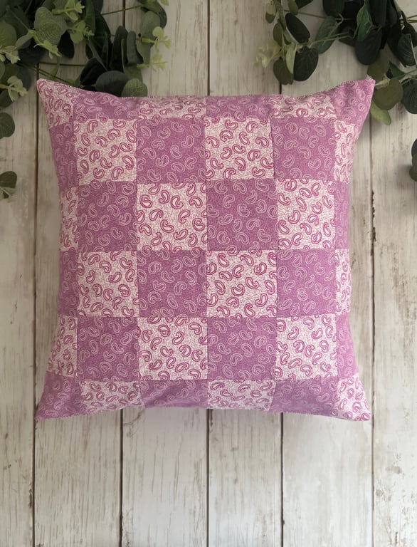 Square Small Cushion in a lilac & white paisley patchwork cotton fabric