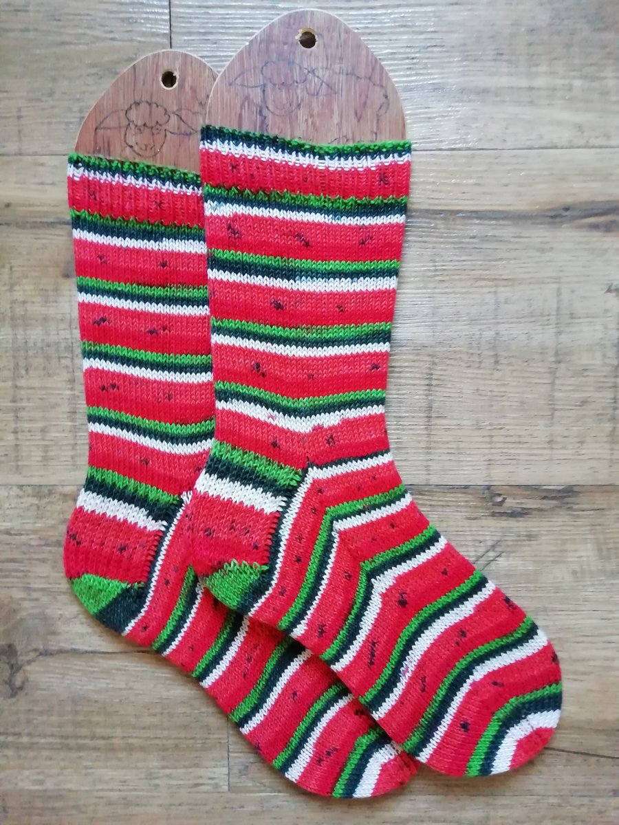 Socks, hand knitted, WATERMELON, adult size MEDIUM, 5-6.