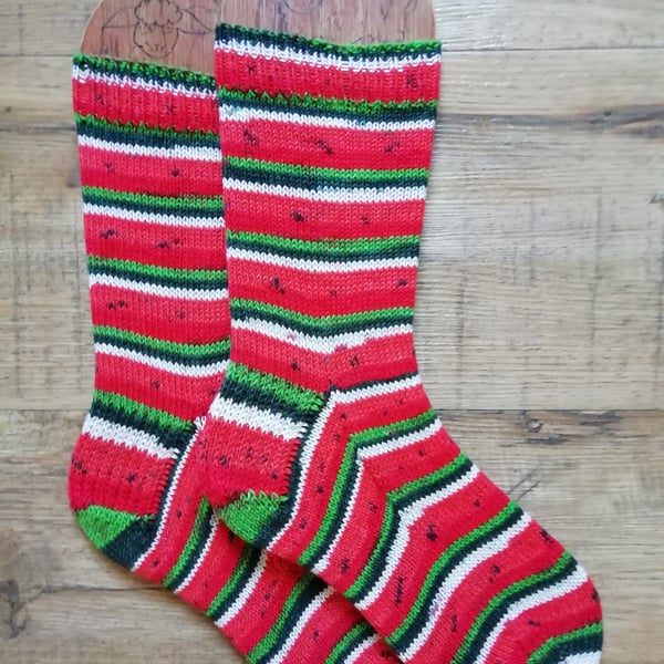 Socks, hand knitted, WATERMELON, adult size MEDIUM, 5-6.