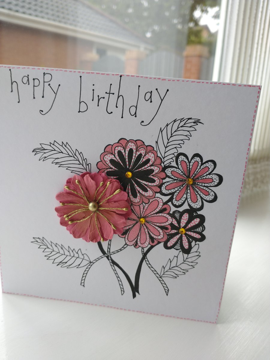 Pink spray of flowers happy birthday card