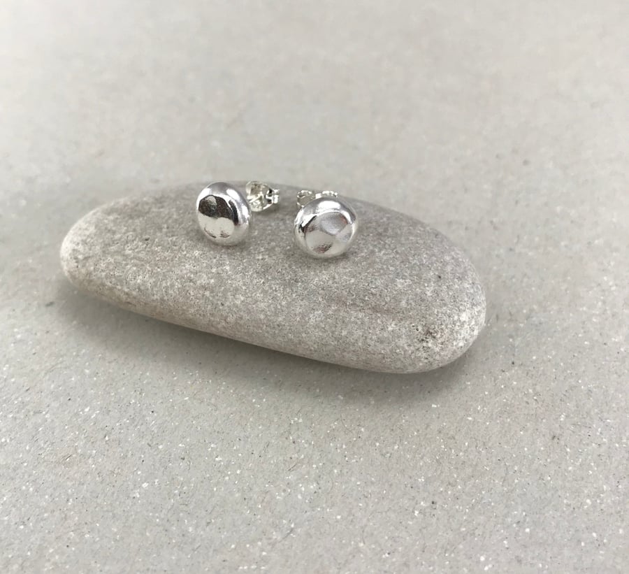 Recycled Sterling Silver Pebble Stud Earrings, Handmade Pebble Earrings