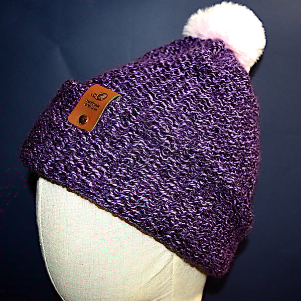 Handcrafted Hat with Faux Rabbit Fur Pompom Purple Blend Coloured