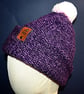 Handcrafted Hat with Faux Rabbit Fur Pompom Purple Blend Coloured