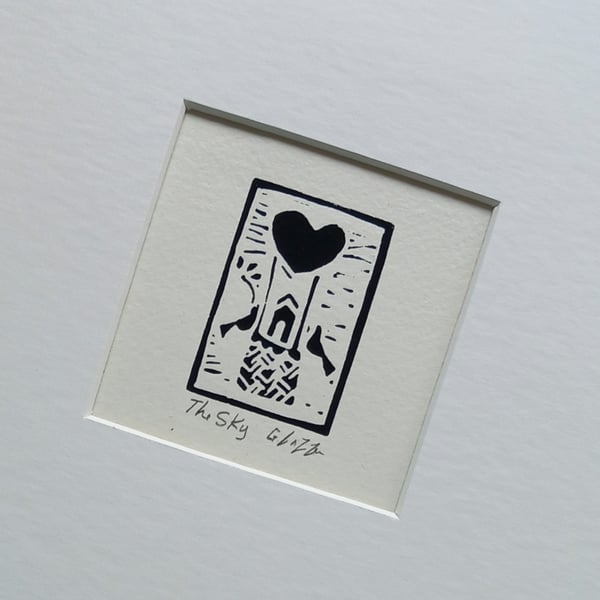 The Sky, Black Mini Linocut, Mounted Original Lino Print, Giuliana Lazzerini