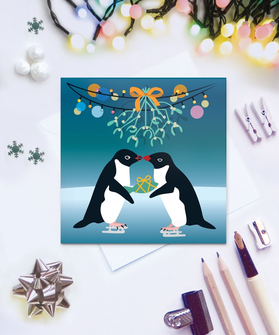 Adelie Penguins with Mistletoe Christmas Card
