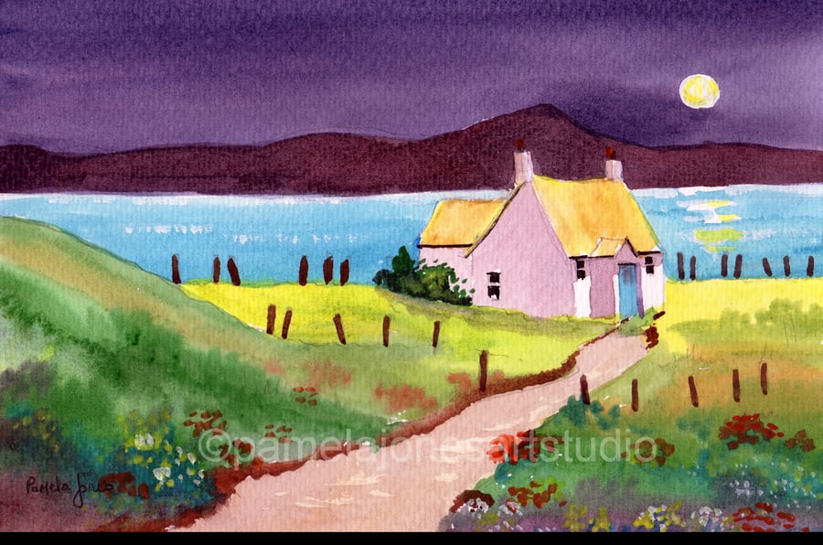  Isle of Mull, Cottage in Moonlight, Original watercolour, in 14 x 11 '' Mount