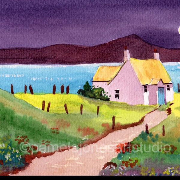  Isle of Mull, Cottage in Moonlight, Original watercolour, in 14 x 11 '' Mount