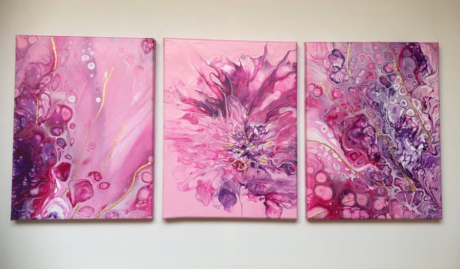 Abstract acrylic pour painting, original, triptych, pink, purple, white, gold,