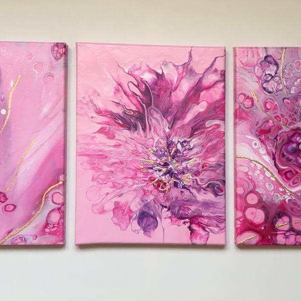 Abstract acrylic pour painting, original, triptych, pink, purple, white, gold,