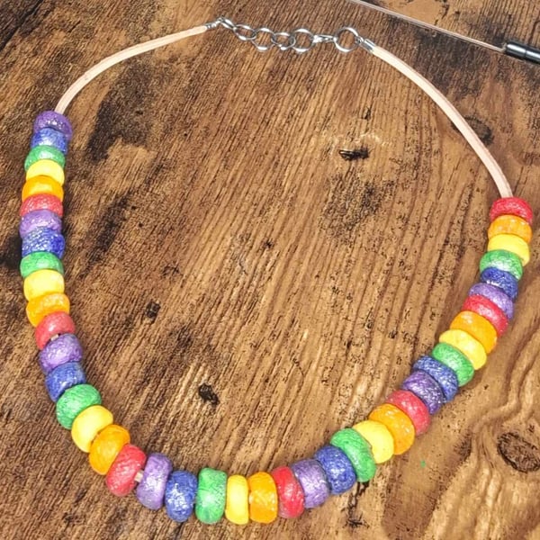 Rainbow beaded thong necklace.