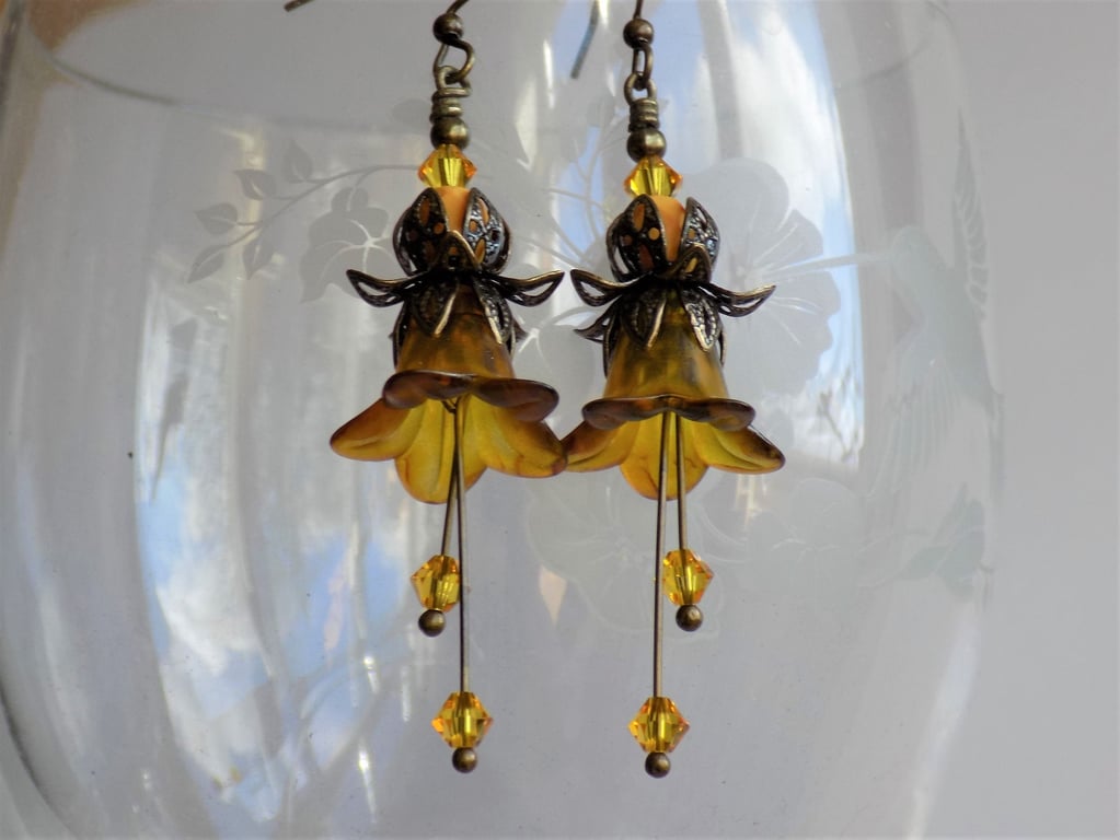 Dijon Mustard Yellow Hand Painted Lucite Flower Earrings