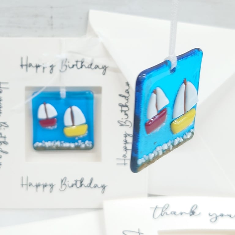 Fused Glass Sailing Boat Keepsake Card 