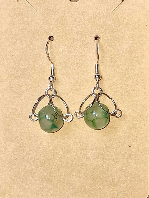 Green Moss Agate Style & Silver Drop Earrings - Boho Stone Dangle Earrings - 