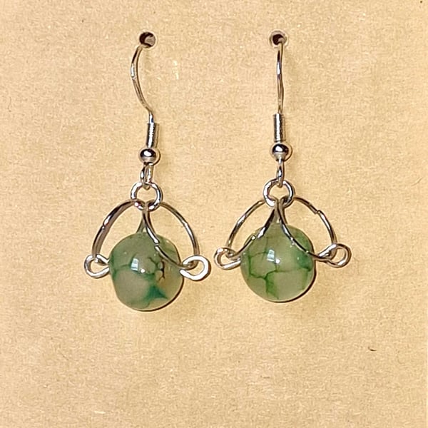 Green Moss Agate Style & Silver Drop Earrings - Boho Stone Dangle Earrings - 