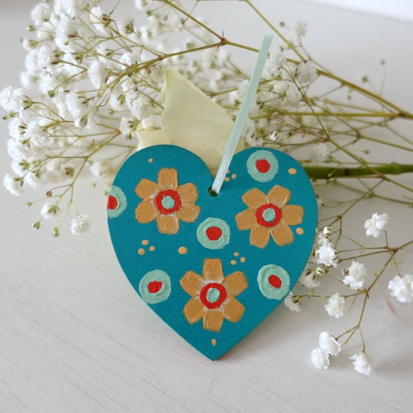 Turquoise Hanging Heart, Yellow Flowers Home Decoration, Valentines Gift 