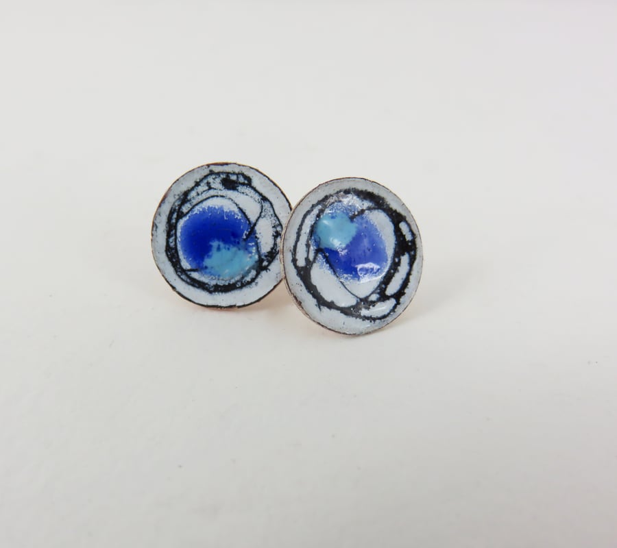 Round Enamel Blue, Turquoise and White Stud Earrings with Hand Drawn Pattern