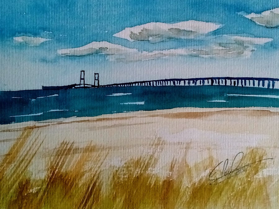 Seascape, Nyborg Bridge Denmark, original watercolour painting, unframed.