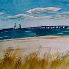 Seascape, Nyborg Bridge Denmark, original watercolour painting, unframed.