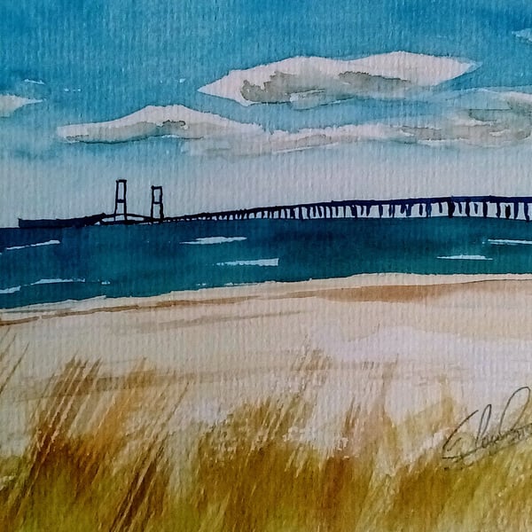 Seascape, Nyborg Bridge Denmark, original watercolour painting, unframed.