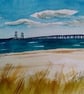 Seascape, Nyborg Bridge Denmark, original watercolour painting, unframed.